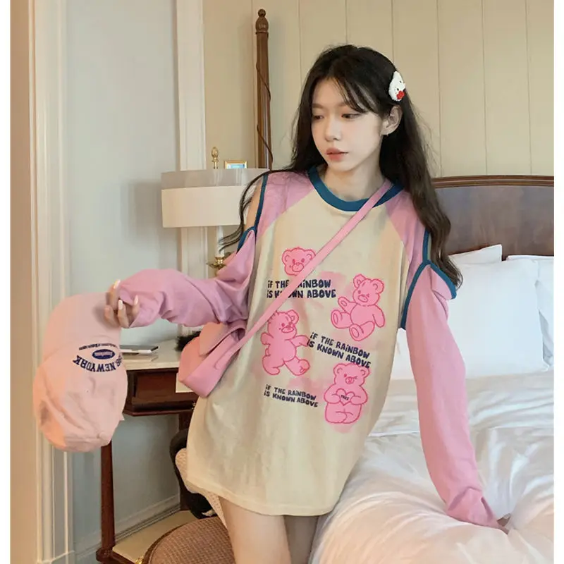 Cute Bear T Shirt Women Spring and Summer New Design Sense Sweet Long-sleeved Tops Students Loose Versatile Tees Female