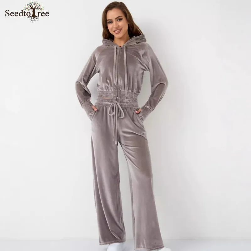 

Осенние и зимние женские комплекты, флисовая однотонная куртка на молнии с длинными рукавами и капюшоном, повседневные брюки, костюм из двух предметов