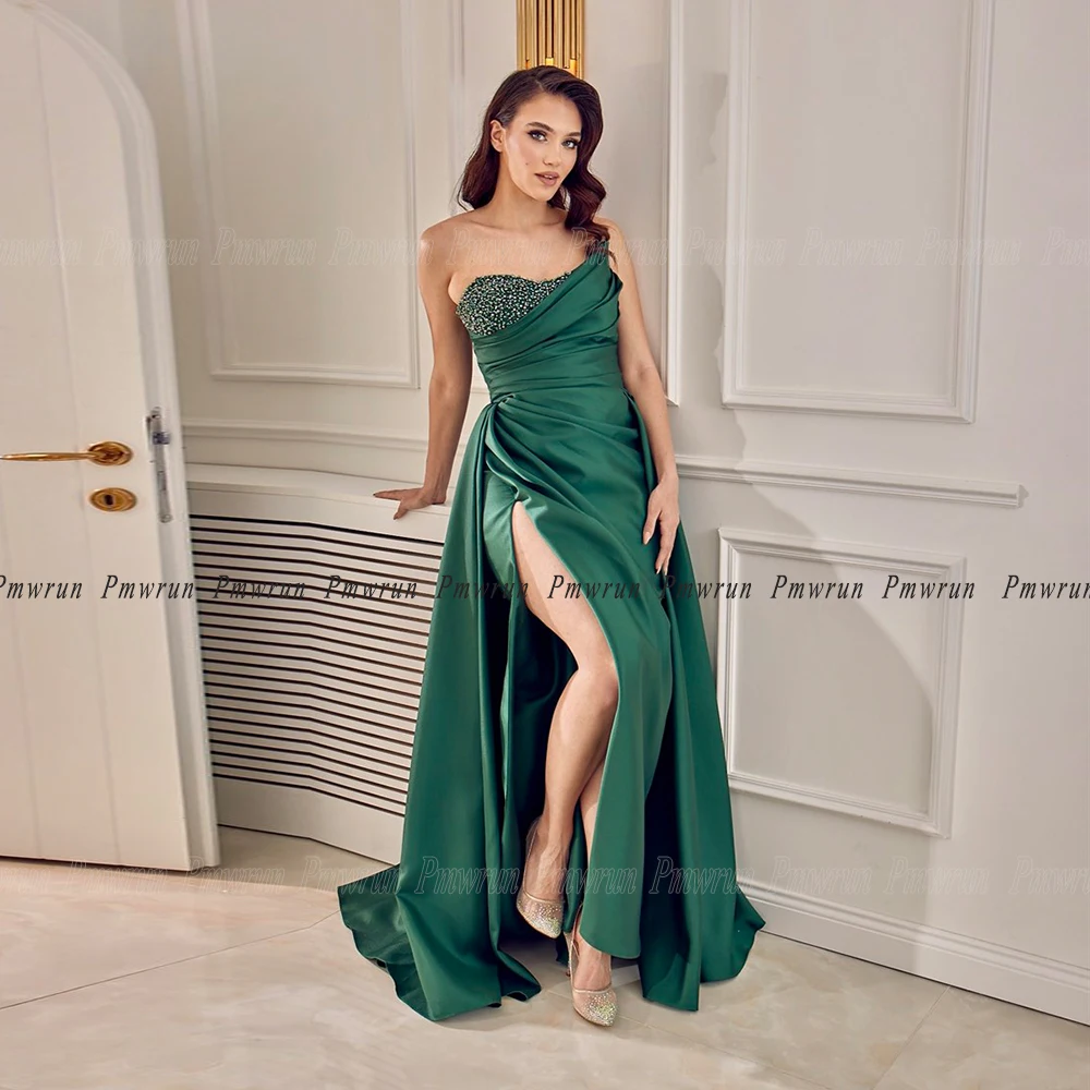 

Side Slit Green Satin Evening Dress Strapless Pleat Sweep Train With Bead Sleeveless Mono Sweetheart Formal Wedding Party Gown