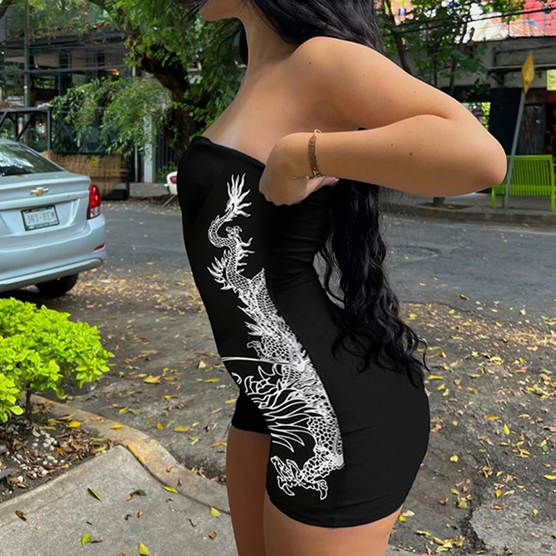 OMSJ Fashion Dragon Print Tube Jumpsuit Shorts High Street Style Sleeveless Strapless Off-shoulder Backless 1Pcs Casual Playsuit