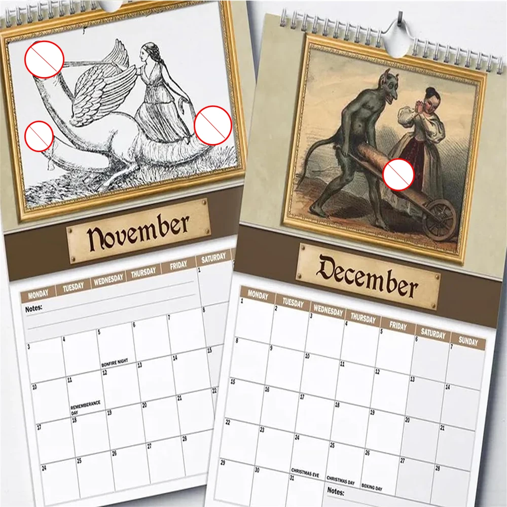 1/2pcs 2026 Medieval Humor Wall Calendar, Bawdy Historical Art for History Buffs, Perfect Gag Gift for Prankster Friends