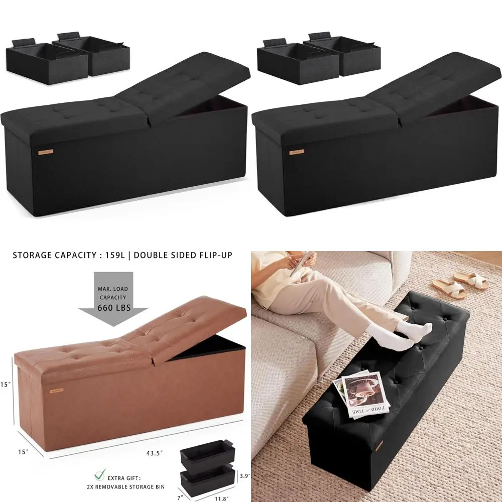 

Льняная черная оттоманская скамейка со складной крышкой, табурет с подставкой для ног 43,3 для спальни