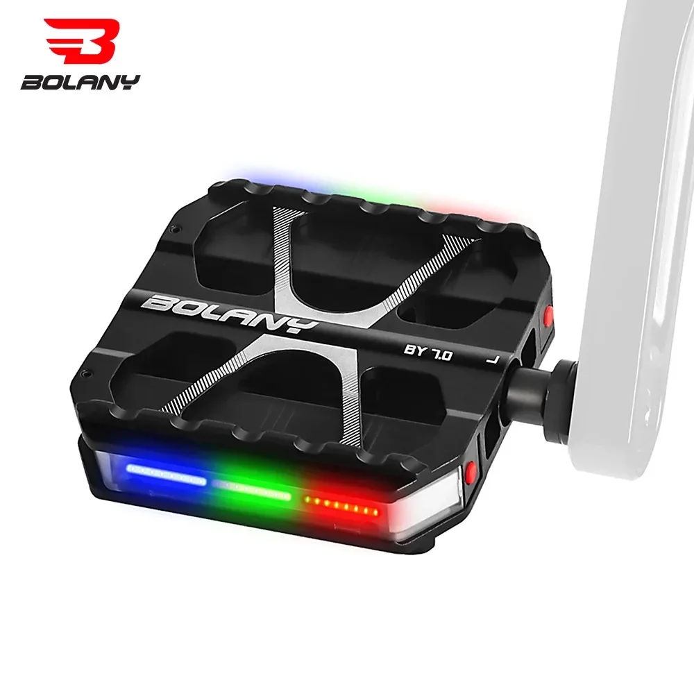 BOLANY Bicycle Pedal with Warning Light LED Light Adjustable Light Hollow Anti-slip MTB Pedal 2 Bearing Bike Pedal