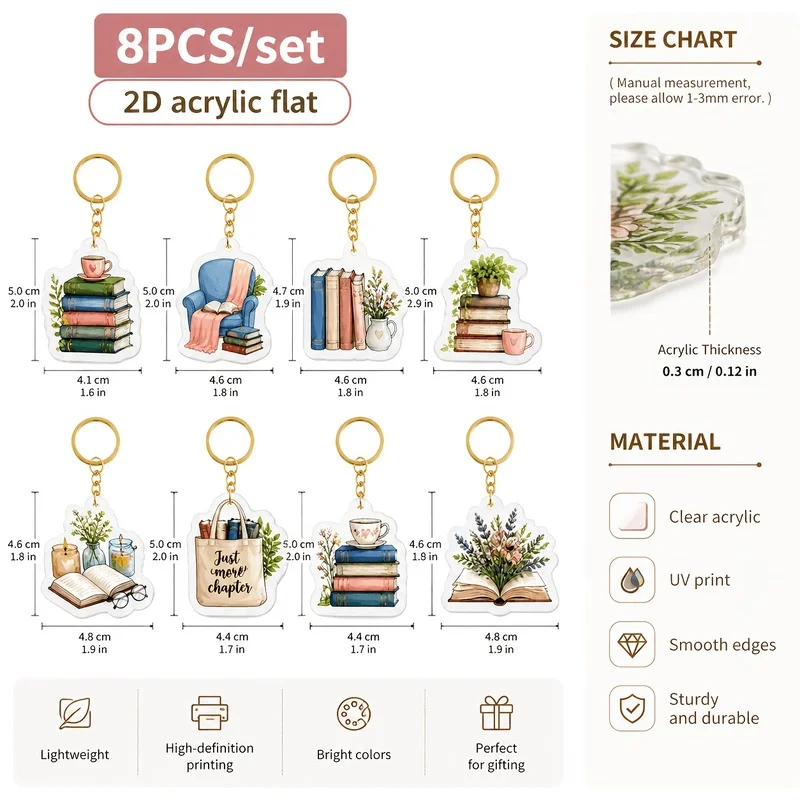 8pcs Literary Book Scene Acrylic Keychain – 2D Flat Pendant, Gift for Book Lovers & Students