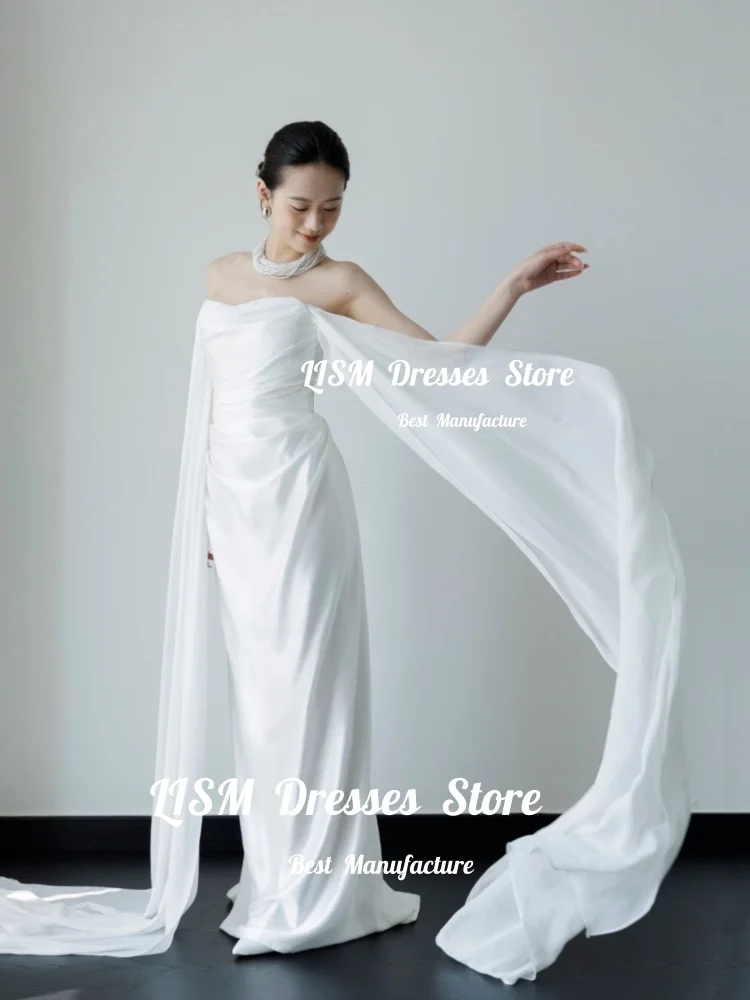 Lism Elegant Wedding Party Dress Strapless with Scarf Pleaat Satin Mermaid Korea Bridal Reception Gown Customized Evening Gowns