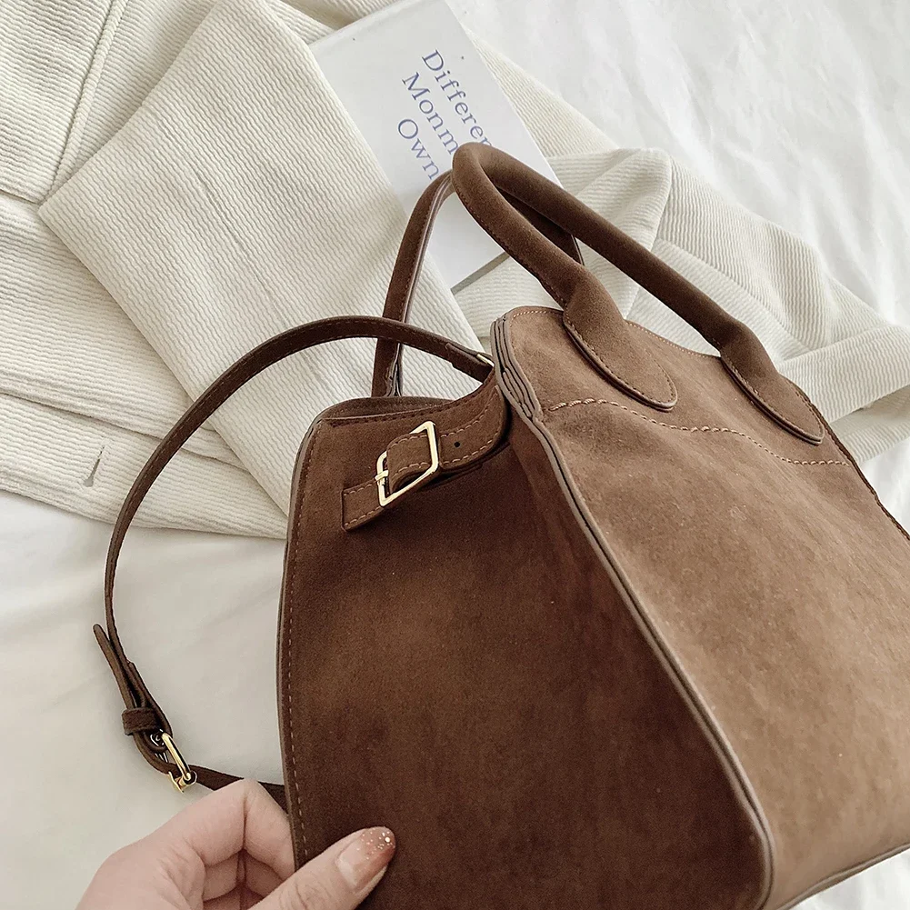 Women Stylish Crossbody Bag Large Capacity Suede Tote Bag Vintage Commuting Bag Solid Color Adjustable Strap Daily Sling Bag