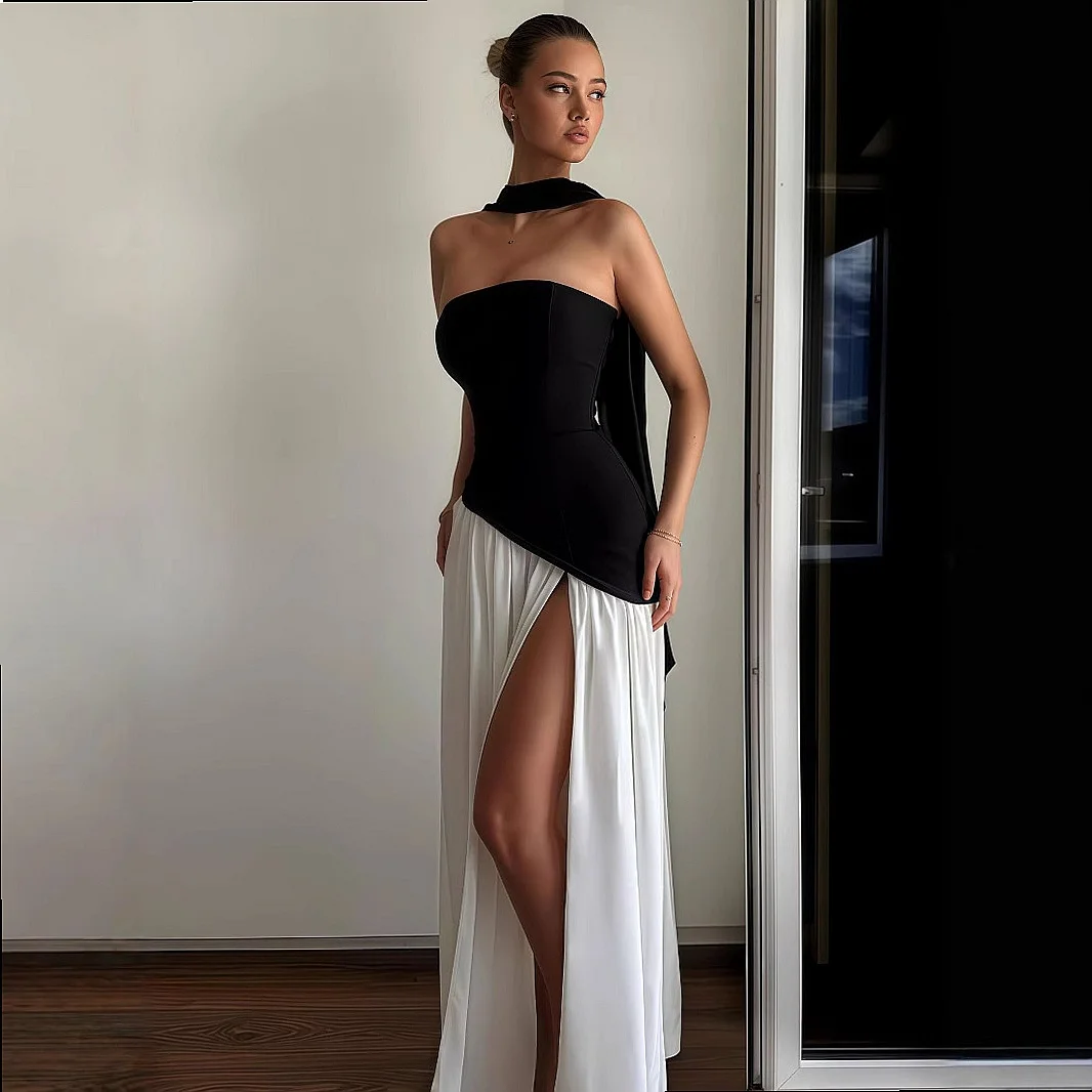 Elegant Irregular Strapless Bandage Dress Women Summer Chic Slit Maxi Dress Dresses