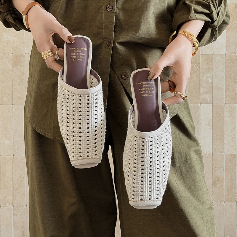 

Women's new summer genuine leather sheepskin square head hollow weave low heel fish mouth retro Mueller shoes fashion slippers