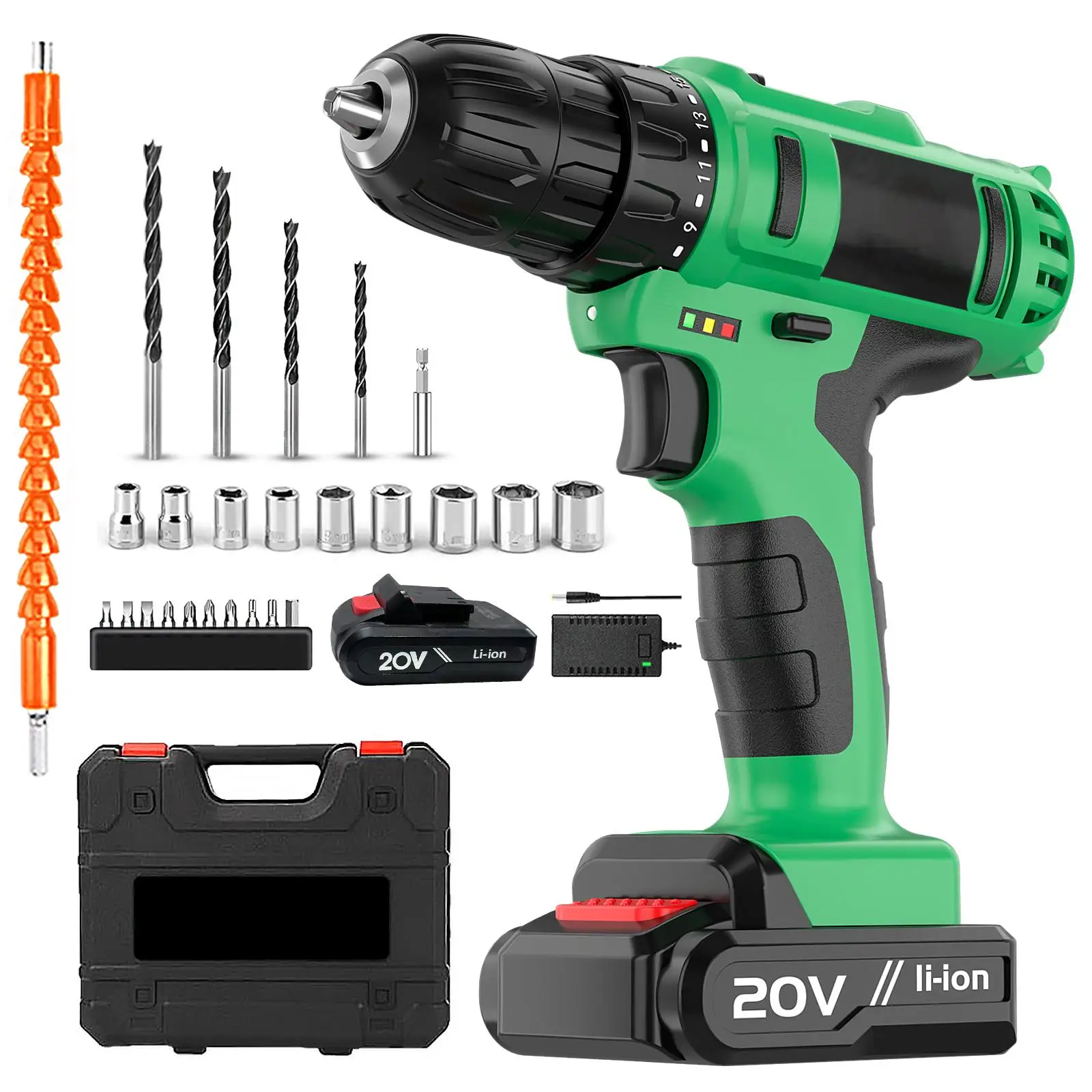 

20V Keyless Cordless Drill Set with Electric Screwdriver Mini DIY Variable Speed Brushed Motor Power Source Battery