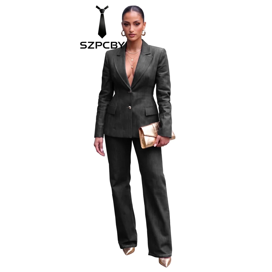 Denim Womens Suit 2 Piece V Neck Notch Lapel Long Sleeve Business Casual Suits for Women for Evening Party Prom