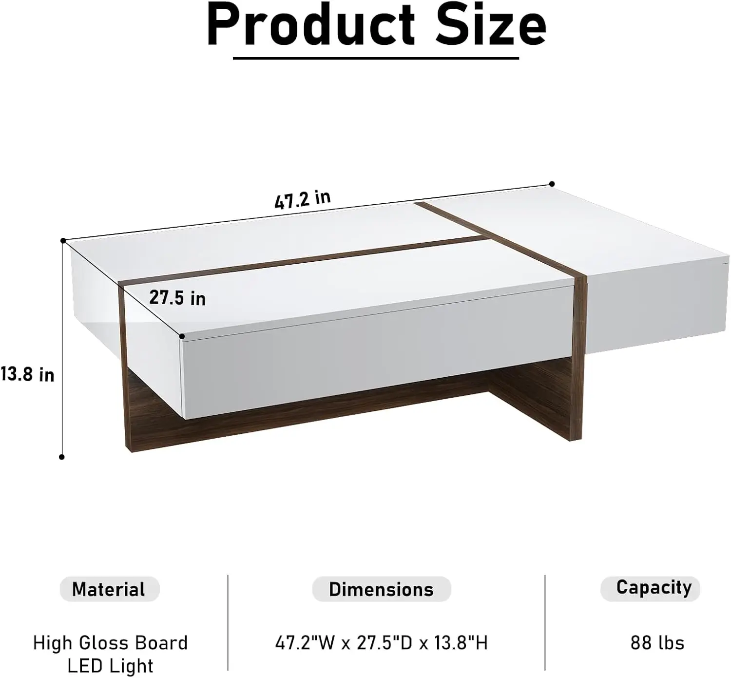 Coffee Table with LED Light, Modern High Gloss Coffee Tables with Storage Drawers, Large LED Coffee Table Center