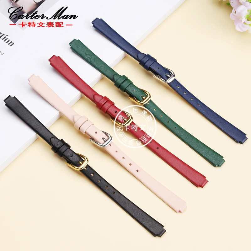 Cowhide Convex mouth wristband for Tissot Cute T140.009 Le Ai Women's genuine leather green convex mouth plain weave watch strap