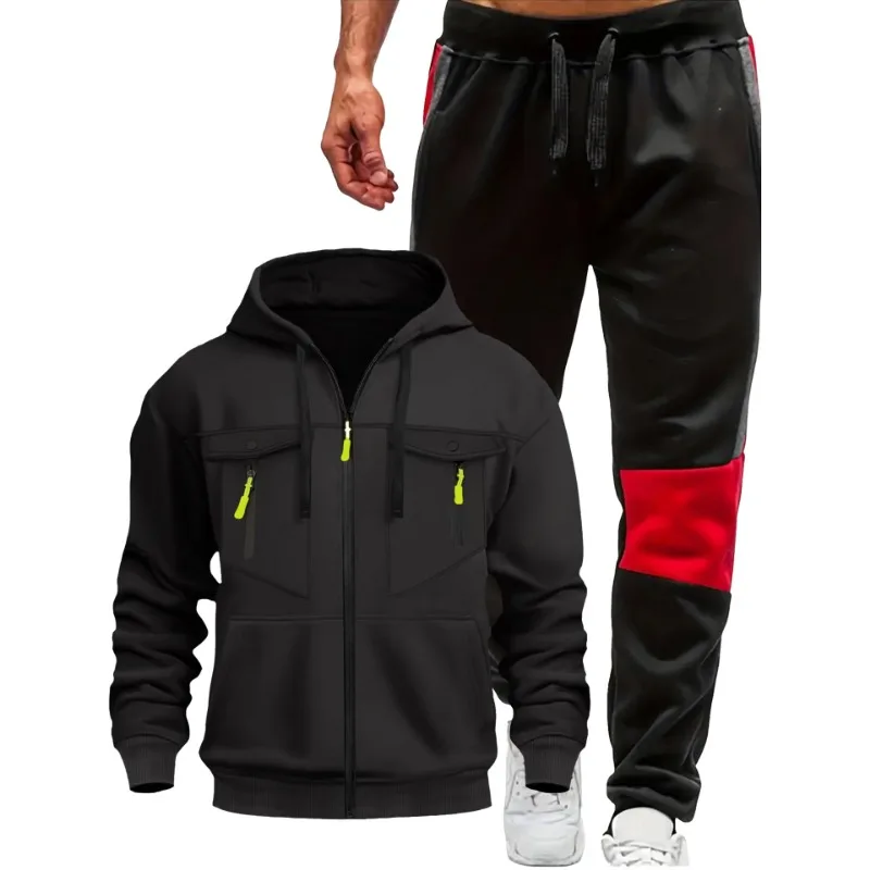 Men's Multi-Pocket Long Sleeve Zip Casual Men's Hoodie Set