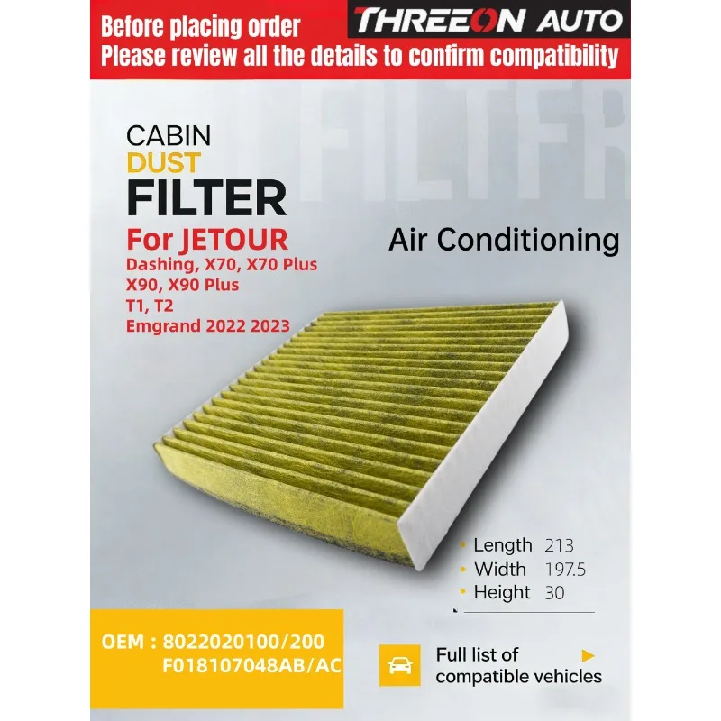THREEON AUTO Cabin Filter For JETOUR T1 T2 X70 X70Plus X90 X90Plus Dashing Fits 1.5L 1.6L 2.0L F018107048AB 8022020100 TOC9636P