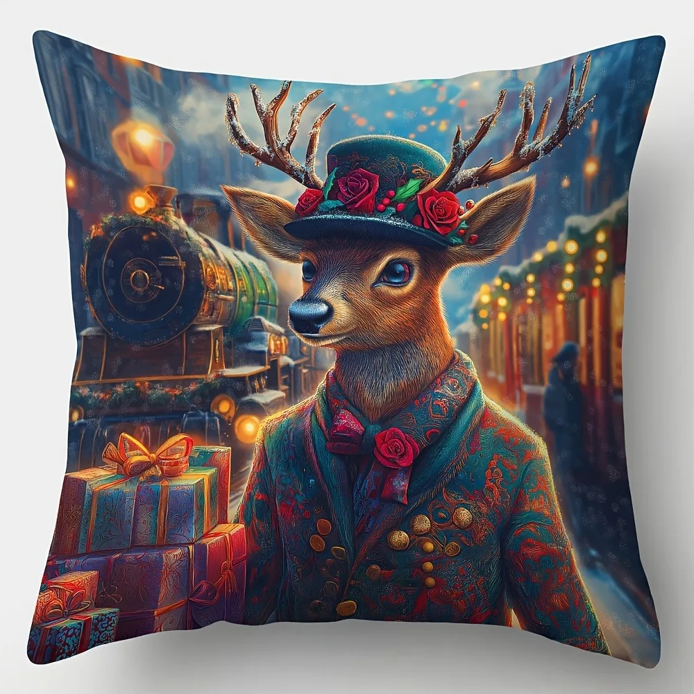 Home Decoration: Christmas Character Cushion Covers With Train And Gift Patterns For Sofa, Bedroom, Car, Pillow Covers
