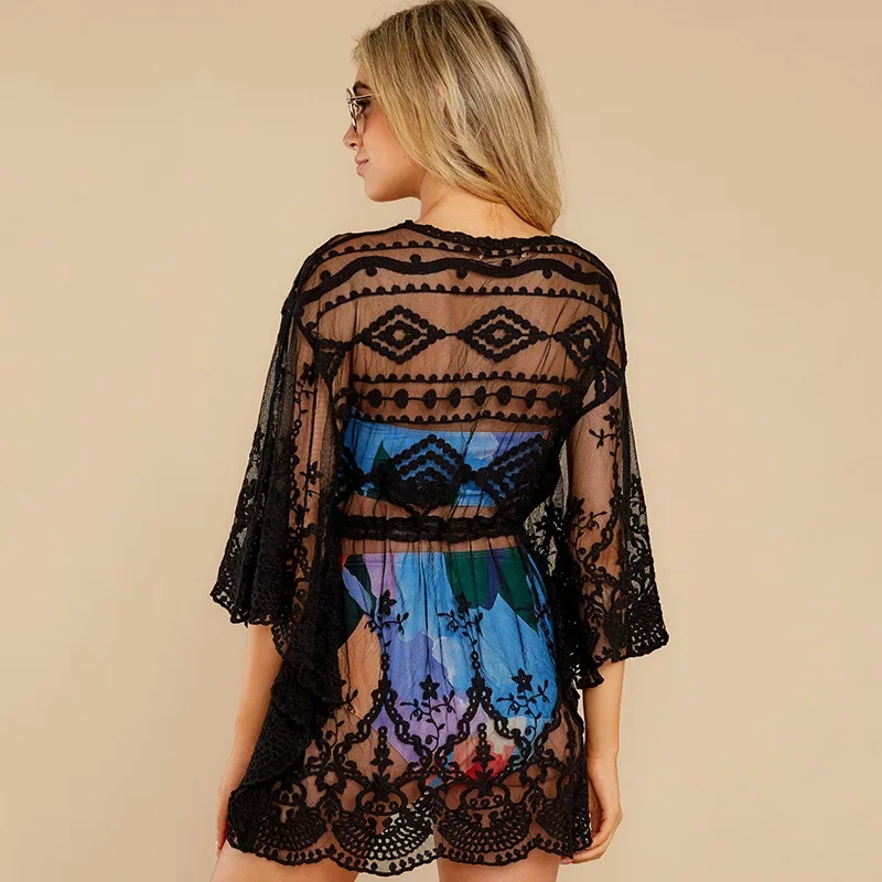 Sexy Bikini Cover Up Women Lace Mesh Dress Bat Sleeve Sheer Mini Vestido Playero Summer Beach Tunic Swimwear 2022