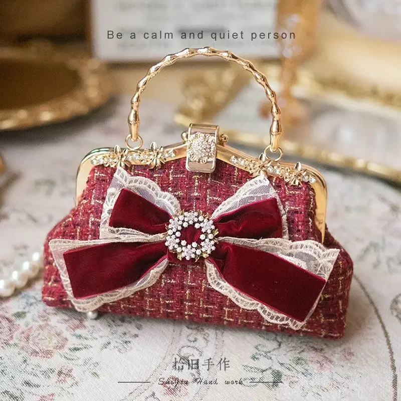 

Velvet Bowknot Black Woollen Shoulder Bag Fashion Chain Strap Pearl Crystal Diamond Gold Metal Frame Handbag Luxury Elegant