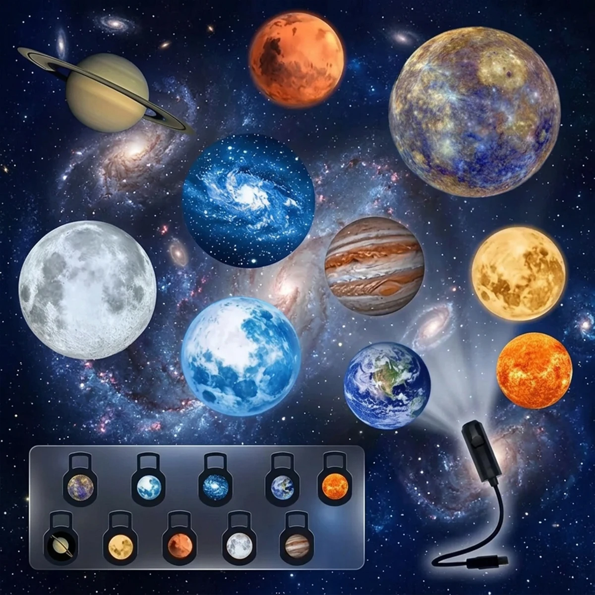 USB Planet Projector Lamp Moon Earth Wall Ceiling Decor Switchable Pattern Projection Atmosphere Lamp for Romantic Bedroom Decor