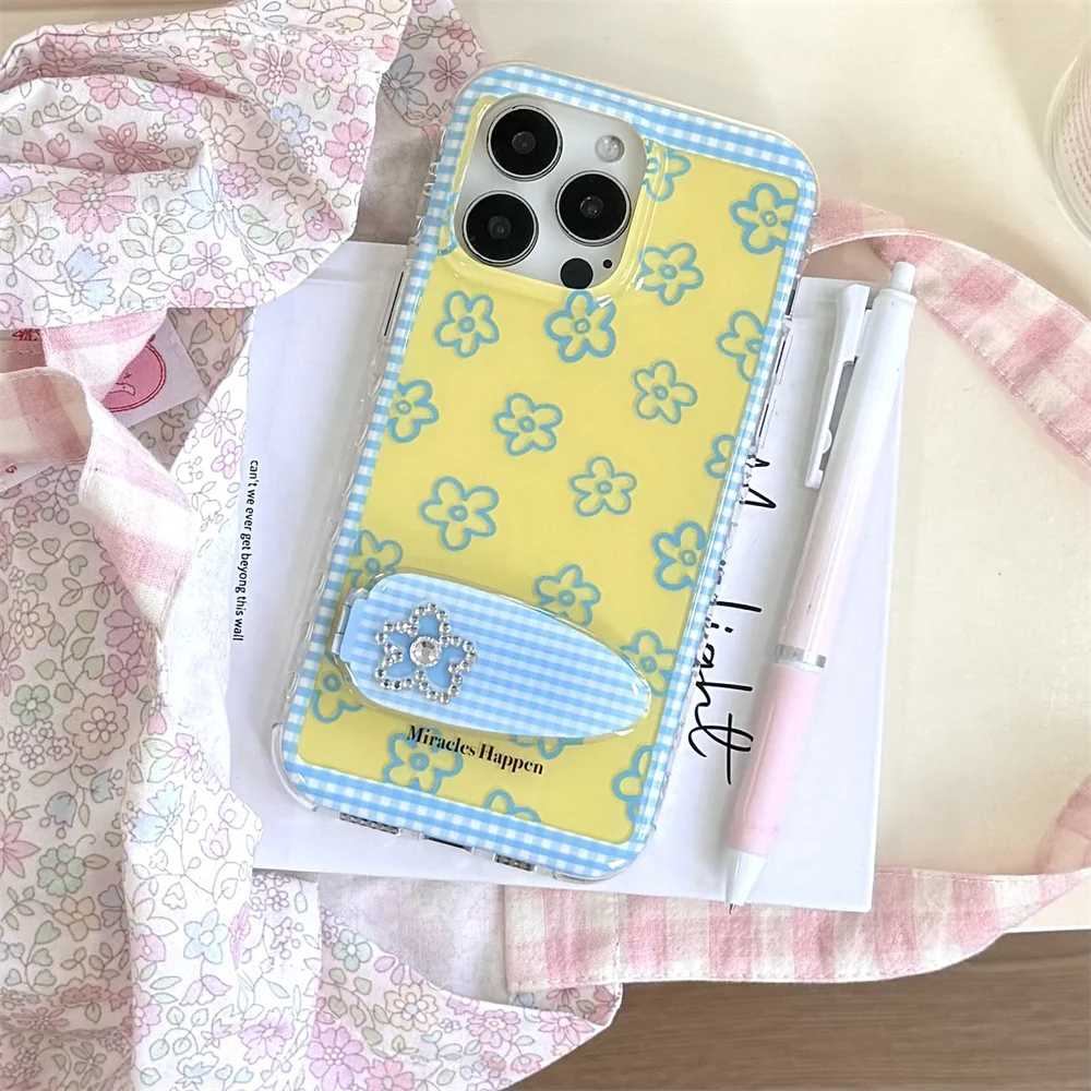 

Ins Korean style small fresh blue grid line flower hair clip holder suitable for Apple 16 phone case iPhone 15/14/13