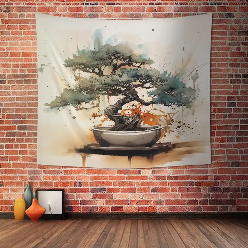 Bonsai Tree Wall Tapestry, Coffee Stain and Watercolor Aesthetic Nature Lover Bedroom, Living Room & Meditation Space Decor