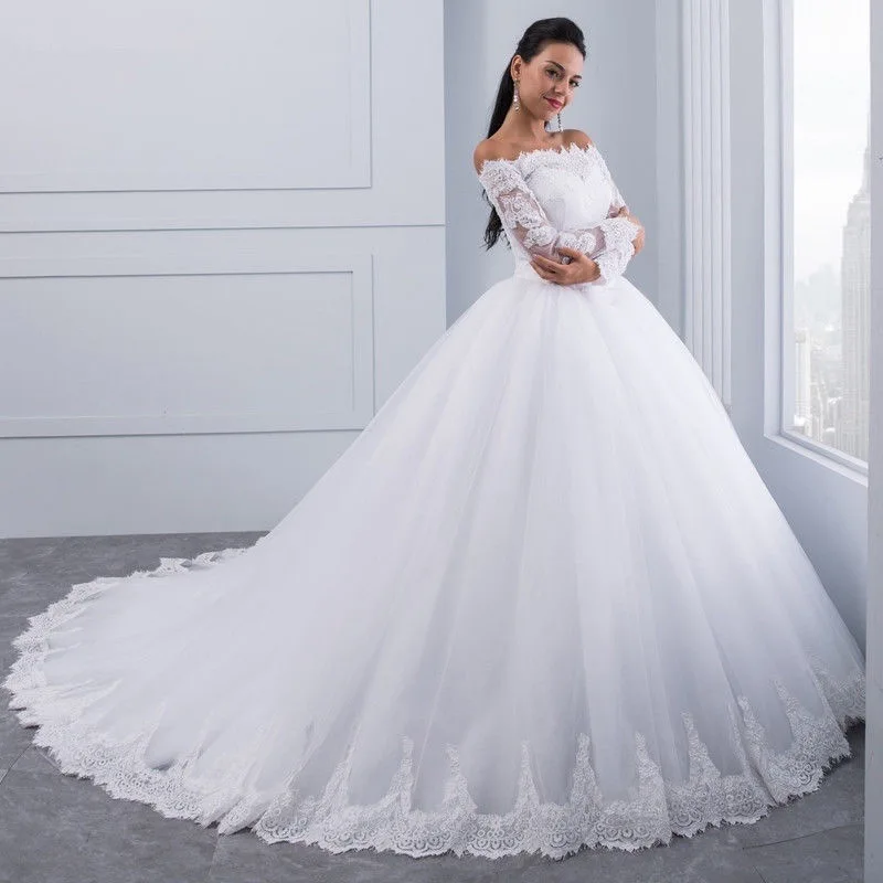 Customized Ball Gown Women Wedding Dresses Long Sleeves Appliques Court Train Bridal Gowns Vestido De Noiva robe de mariée