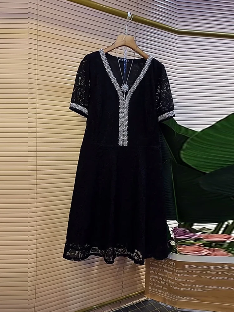 

plus Size Lace ort Sve V-Ne Midi Dr Slimming Bla Dr Hepburn Sle Commute Korean Sle Straight Cut Beaded Dr