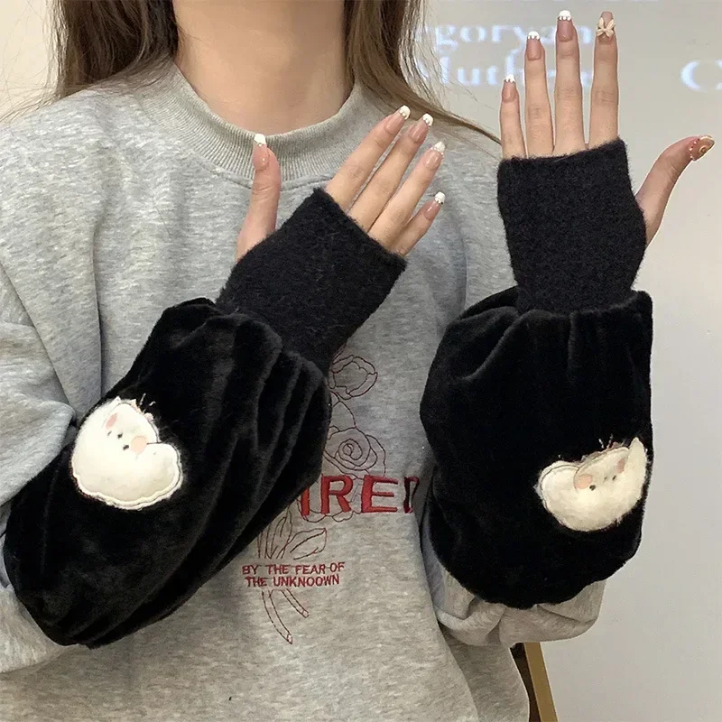 Cartoon 2-in-1 Fall/Winter Plush Warmer Cover Sleeves Dirty Resistant Gloves Thickened Women Fashion Fingerless Arm Warmers 2024