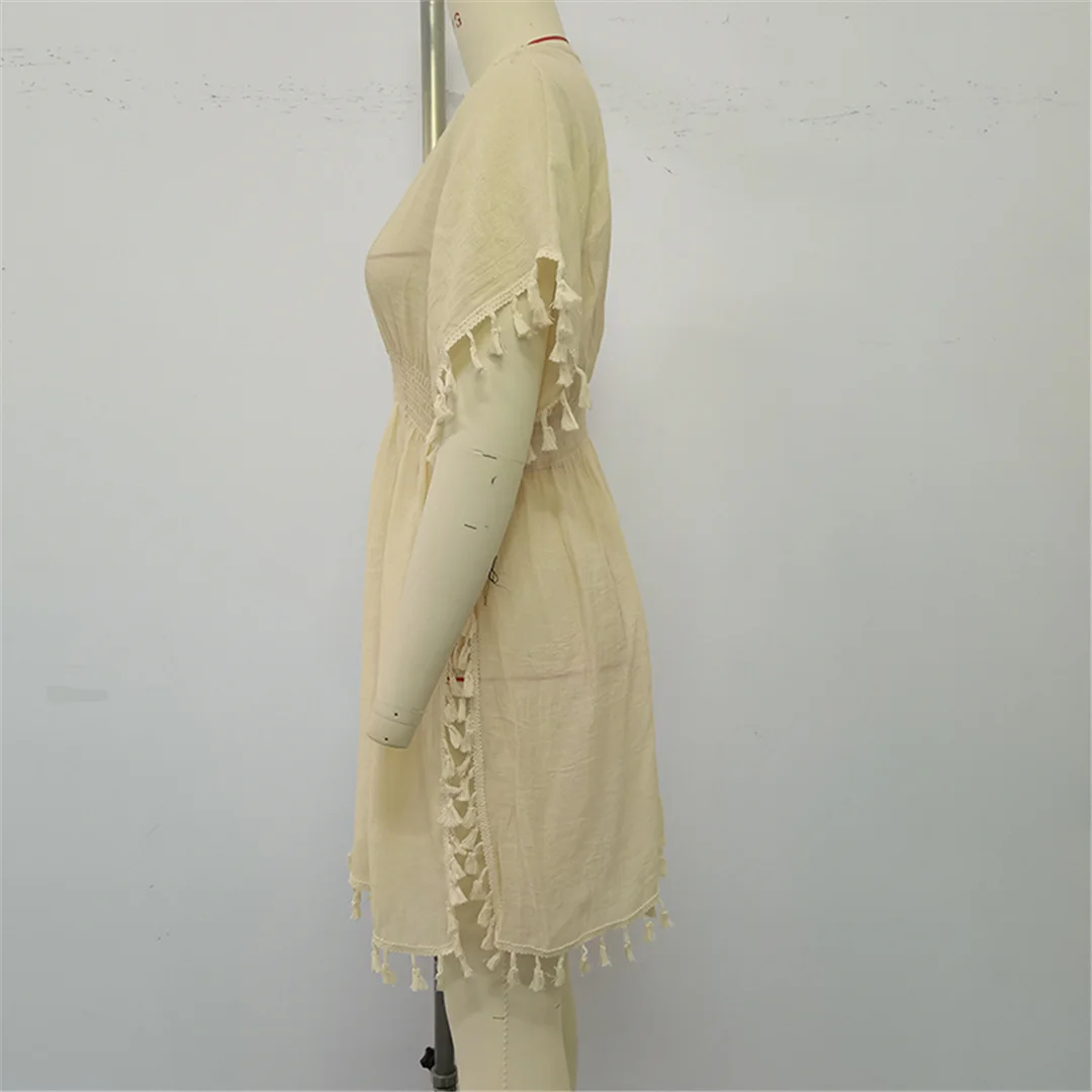 V-Ausschnitt, mit Fransen versehen, kurzärmelig, gehäkelt, gestrickt, Strandkleid, Tunika, Strandmode, Damen-Strandkleid, Strandüberwurf, Damen V6603 – Detail 10