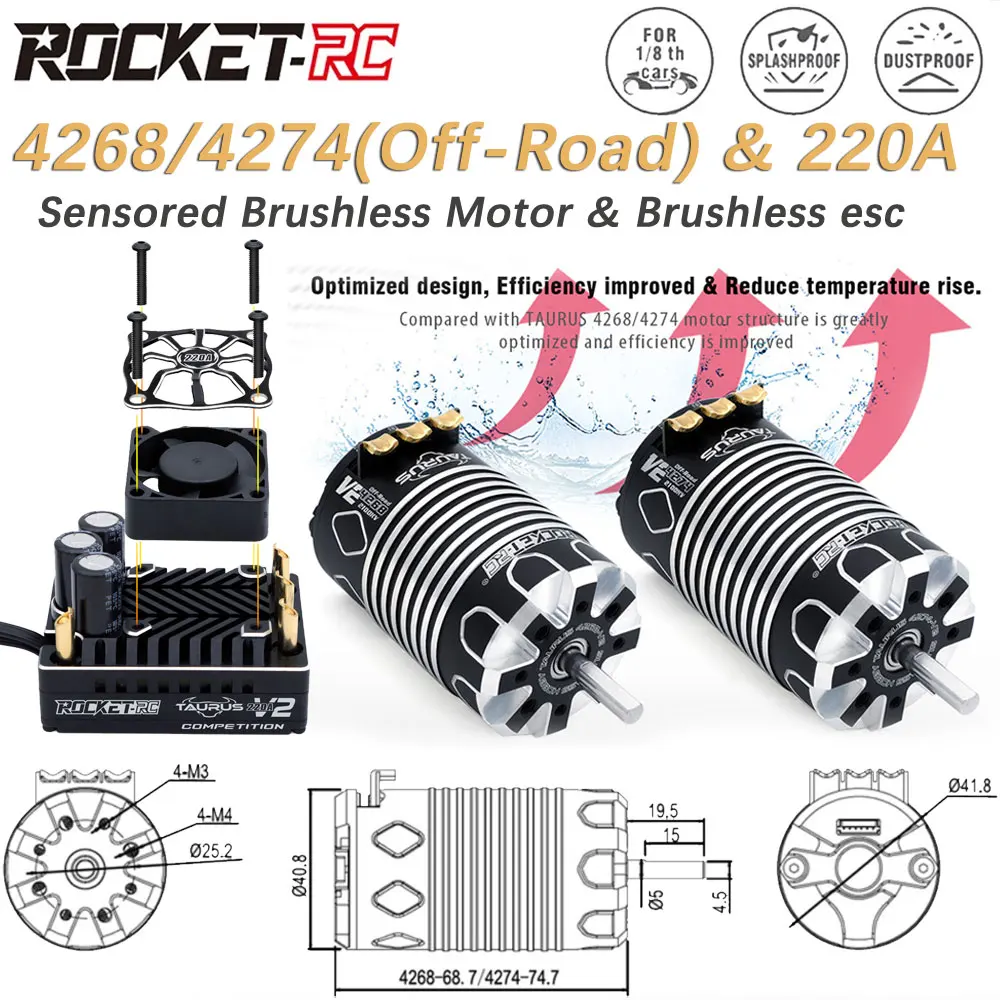 

ROCKET-RC Сенсорный водонепроницаемый бесщеточный двигатель 4268 4274 V2 220A ESC 2-4S для 1/8 Wltoys HSP Traxxas Arrma RC внедорожных грузовиков
