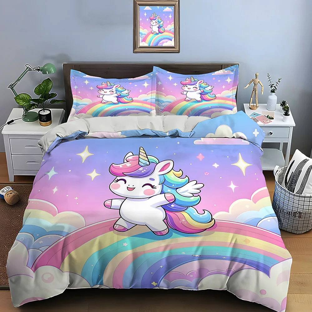 Cute Cartoon Unicorn Print Bedding Set Duvet Cover 1 Duvet Cover 2 Pillowcases Adult and Kids Bedding Set Luxury Holiday Gifts