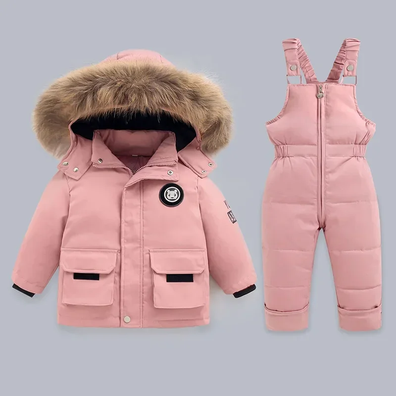 Outdoor Winter Children Clothing Set 2Pcs Kids Down Jackets Sets Thick Warm Down Coats+Strap Pants Baby Snowsuits Overalls