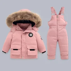 Inverno ao ar livre crianças conjunto de roupas 2 pçs crianças para baixo jaquetas conjuntos grosso quente para baixo casacos + cinta calças do bebê snowsuits macacão