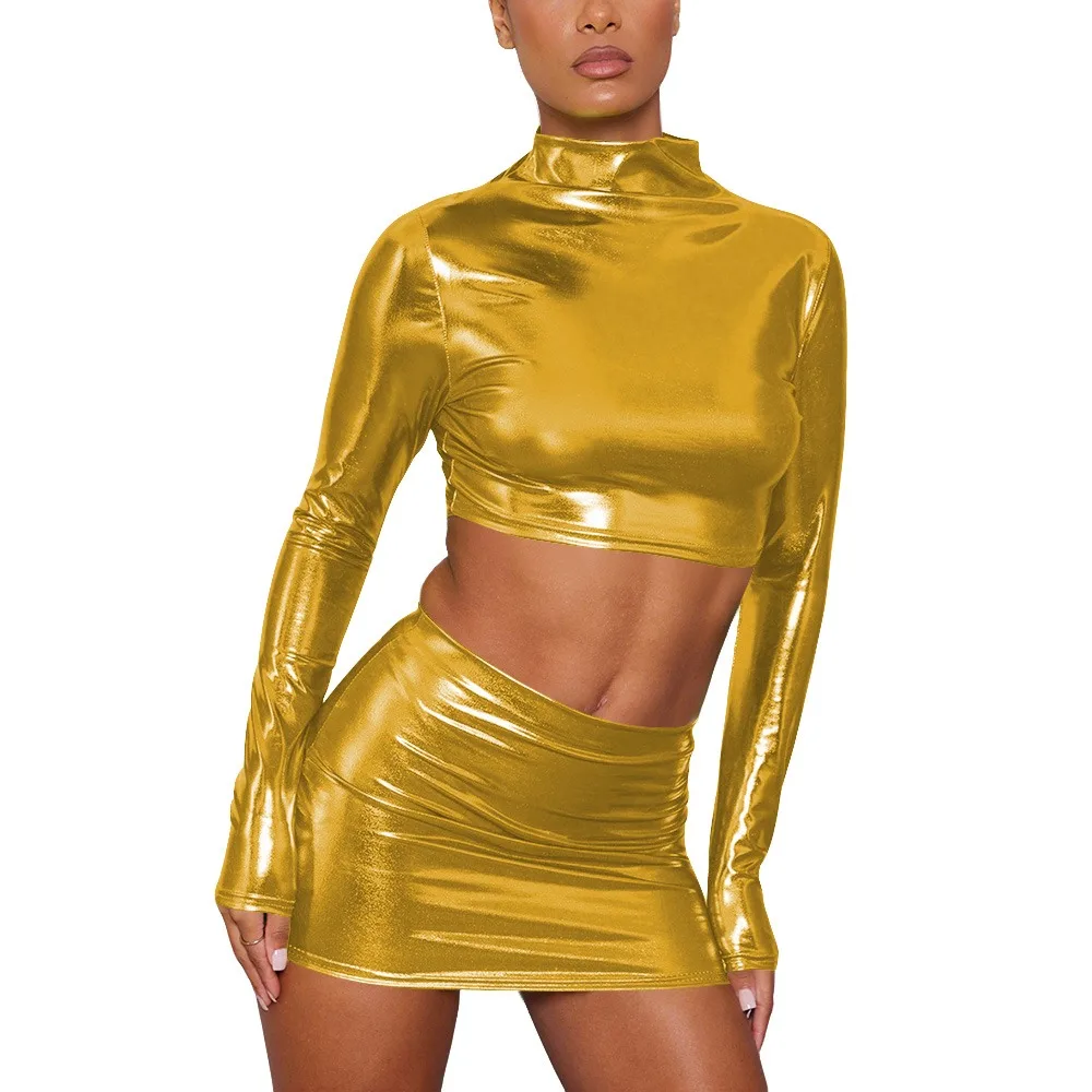 

Women Metallic Shiny Crop Tops with High Waist Mini Skirts Nightclub Party Two Piece Outfits Plus Size Pole Dancing Costume 8XL