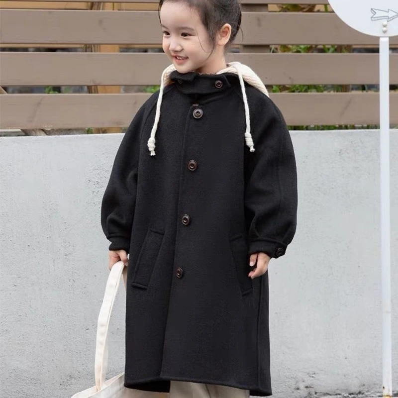 Winter New Teen Girls Woollen Overcoat Long Style Spring Hooded Single-Breasted Windbreaker For 5-14 Years Warm Fashion Jacket