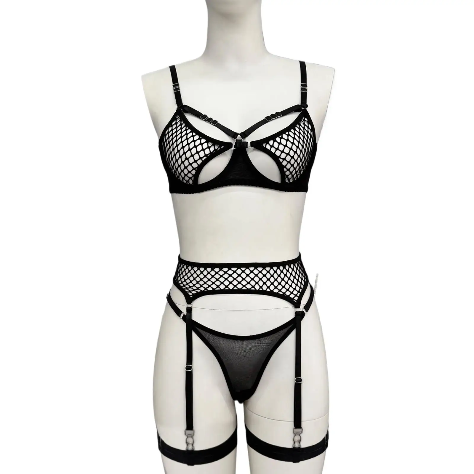 

3pcs Fishnet Lingerie Set Women Sexy Bra Thong and Leg Garters See-through Hollow Out Mesh Underwear Role Play Clubwear Costume