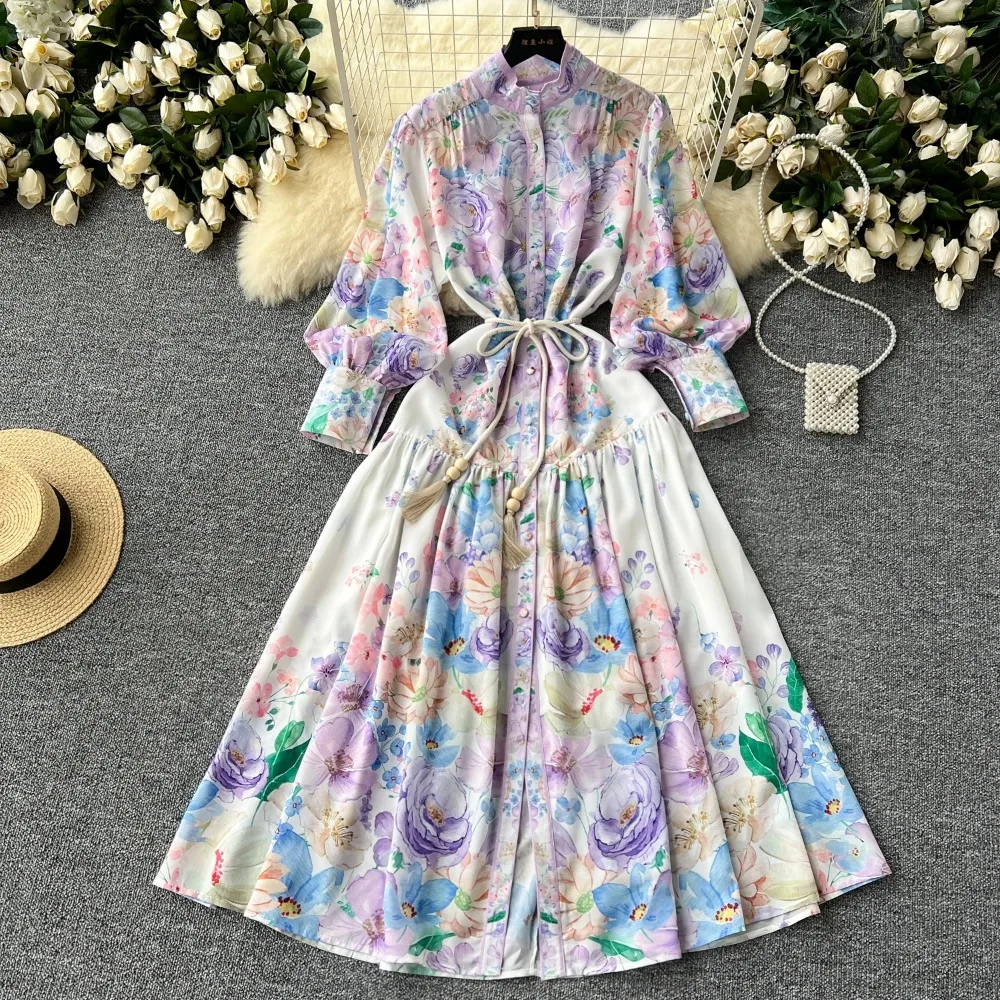 Sexy Lantern Sleeve Print Bandage pleated Dress A-line Chic Casual Beach Vacation  Women Summer o neck dresses