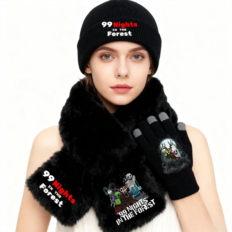 3 SZT. Gra 99 Noców w Lesie Czapki Dzianinowe Szaliki Rękawiczki Zimowe Ciepłe Odporne na Zimno Czapki typu Beanie z Wzorem Kreskówkowym Zestaw Prezent do Domu