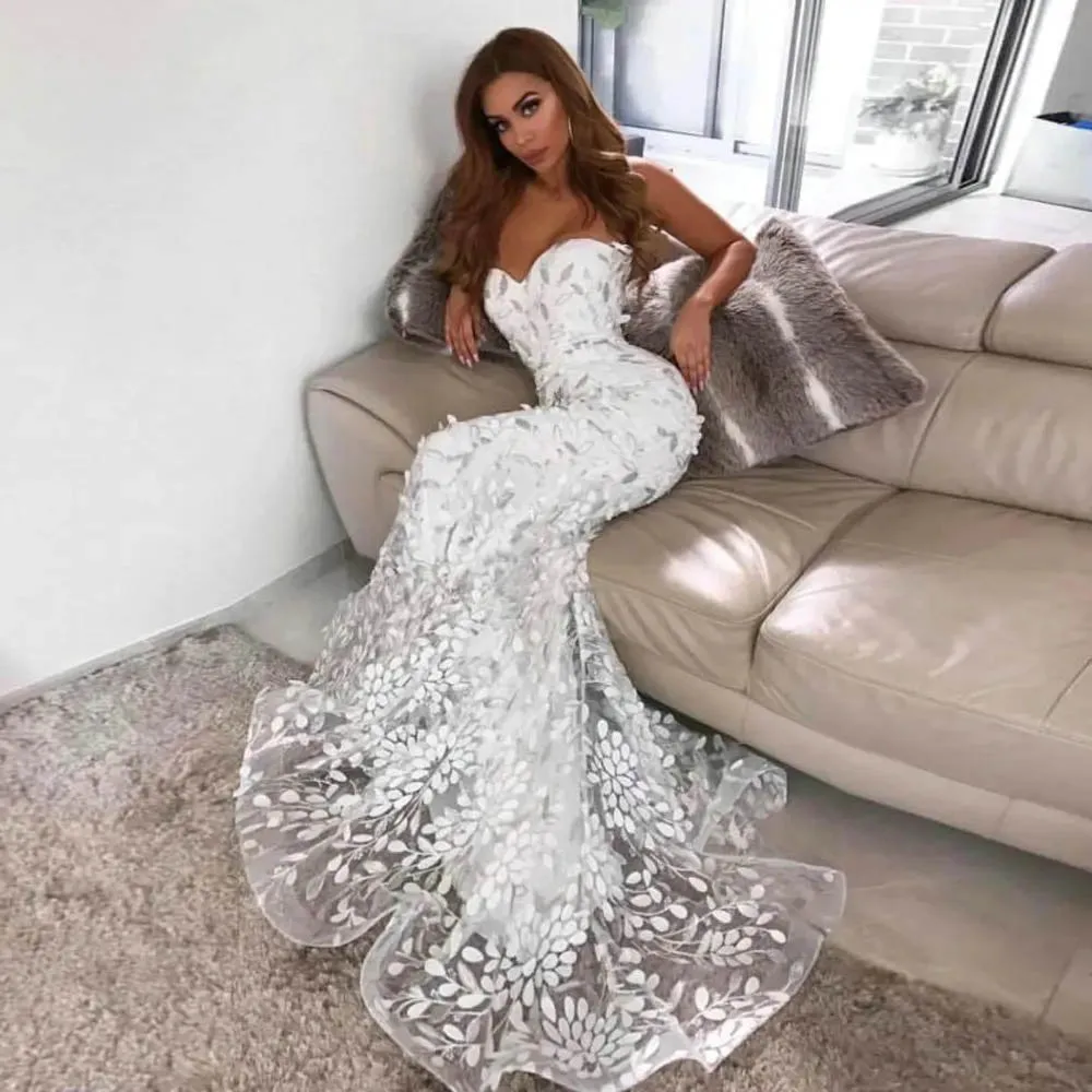 

Sexy Appliques Lace Saudi Formal Evening Party Gown Sweetheart Sleeveless Dubai Arabic Long Mermaid Evening Dress