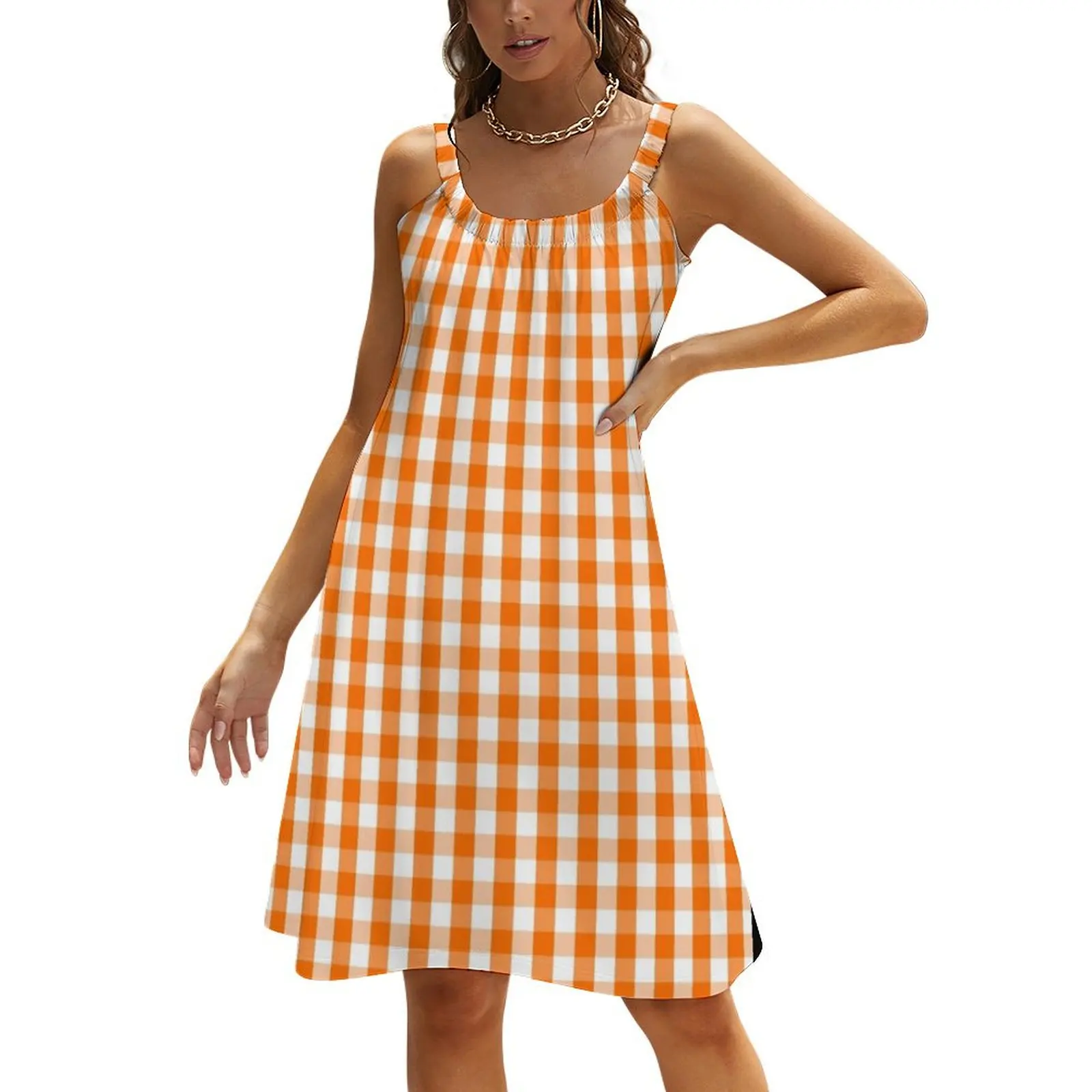 

Classic Pumpkin Orange and White Gingham Check Pattern Beach Sling Skirt womens clothing Evening dresses