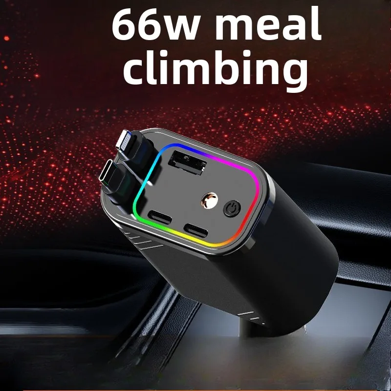 Retractable Car Charger with Retractable Cables, Starlight in Car Roof 4 in 1 Super Fast USB C Car Phone Charger