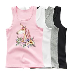 Camiseta sin mangas para niñas de 3 a 14 años, Camisa de algodón con estampado de unicornio y flores, ropa interior bonita de verano