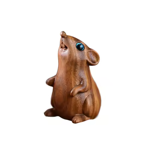 Home Decor Wood Carved Zodiac Mouse Statuette Funny Decorative Hamster Statue Cute Animal Figurine Sculpture Model