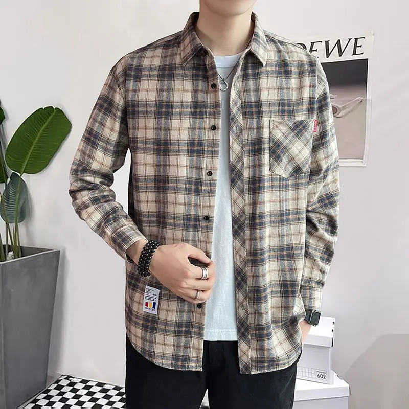 Men\'s Shirt and Blouse Long Sleeve Male Top with Pocket Plaid Cheap Brand Button Original Luxury Social Aesthetic Collar Clothes