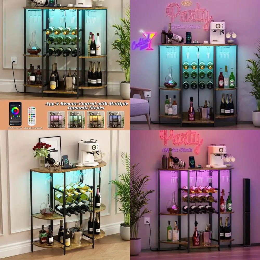 LED-Illuminated Freestanding Mini Bar with Outlets, Rustic Brown, for Kitchen & Dining, Holds Liquor, Coffee, Wine, and Glasses