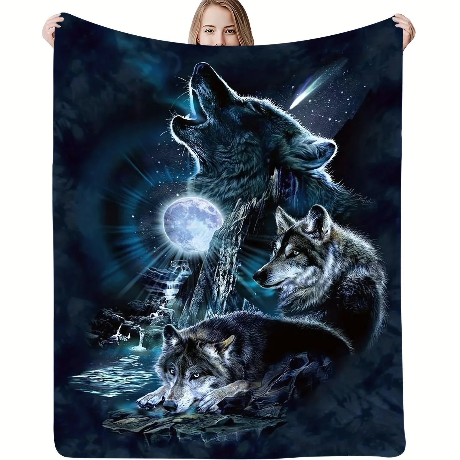 Wolf Print Flannel Blanket Soft Warm All Seasons for Sofa Bed Office Camping Travel Perfect Holiday Gift