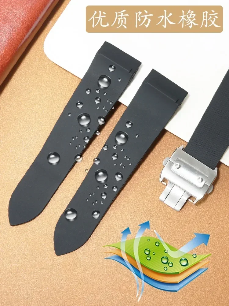 Rubber Waterproof Watchband Fits for Cartier Santos 100 W2020007 Silicone Strap Silver  Folding Buckle Black Bracelet 25mm
