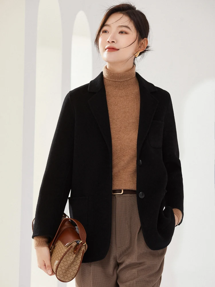 Manteau double face en cachemire pour femmes, manteau court en pure laine 100%, cardigan épais, petit col, neuf, automne et hiver