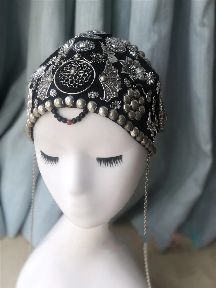 Fully Handmade Antique Embroidery Patch Hand Beading Headband Hat Ethnic Fashion All-matching Unique Miao Silver Hair Accessory