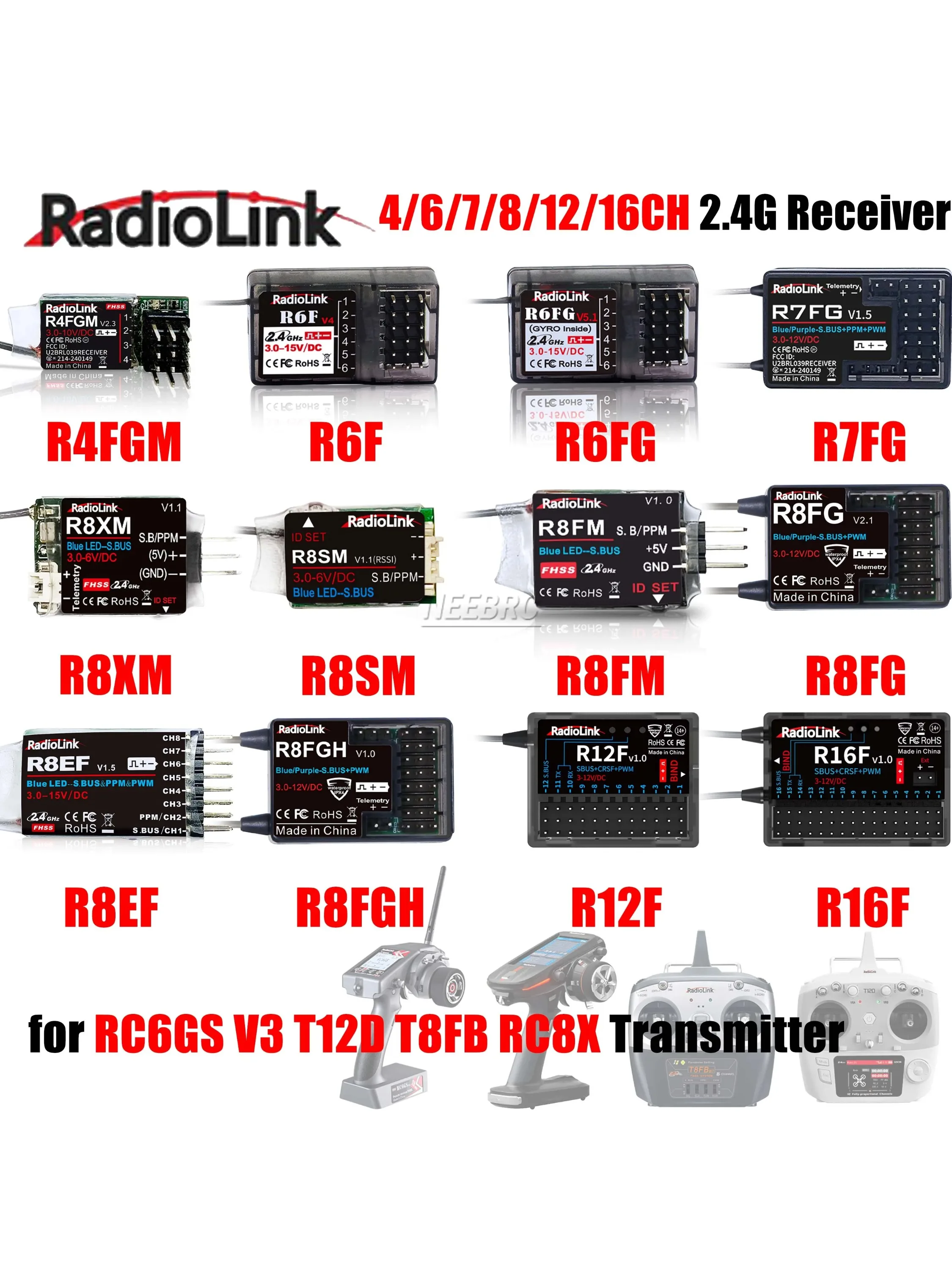 RadioLink R4FGM R6FG R7FG R8SM R12F R16F 4/6/7/8/12/16CH 2.4G Ontvanger voor RC6GS V3 T12D T8FB RC8X Zender Afstandsbediening - afbeelding 2