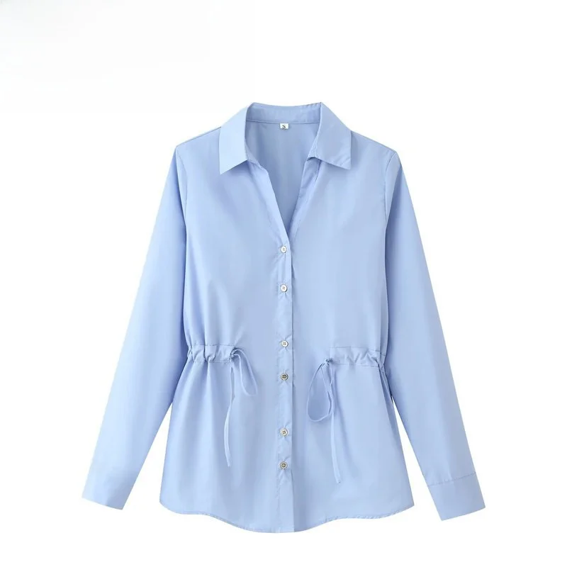 Elegant Long Sleeve Shirt Women's Fashion Casual Style Polyester Fiber Skin-friendly Breathable Waist-cinching Turn-down Collar